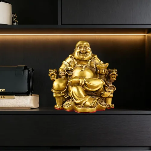 Miniatura 5 de Brass Statu BRABUD Feng Shui - Estatua de Buda sonriente hecha a mano sentado en la silla del emperador, escultura para el hogar