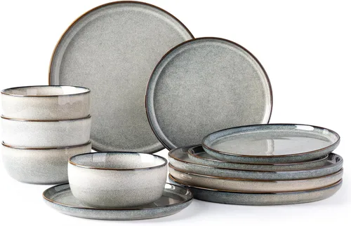 GBHOME Juego de vajilla de cerámica para 4, juego de 12 platos y cuencos de cerámica, platos esmaltados reactivos, resistentes a los arañazos, aptos