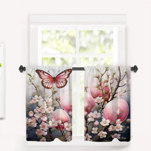 Miniatura 38 de Cortinas opacas de cocina con pintura al óleo de Europa rosa y negra para ventanas, cenefas opacas modernas de torre Eiffel de poliéster multicapa