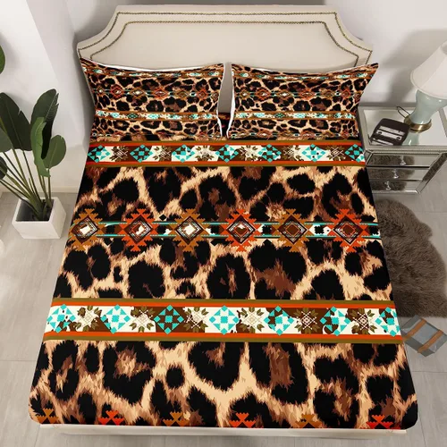 Miniatura 11 de Juego de ropa de cama de estilo bohemio occidental, tamaño individual, diseño de vaca atrapasueños, sábana bajera ajustable del suroeste, tribu