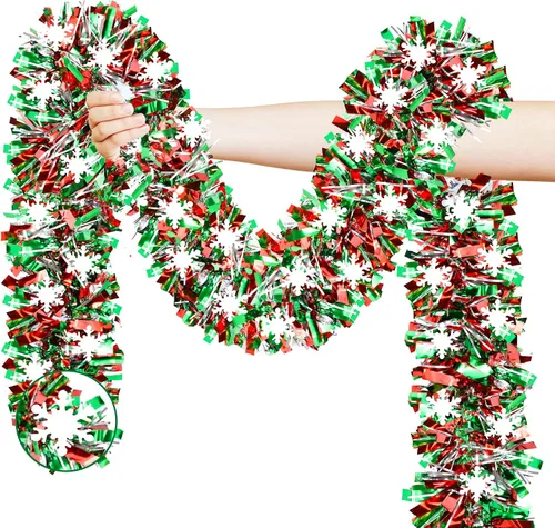 Miniatura 8 de 50 pies de decoraciones de Navidad con guirnalda de oropel con copo de nieve, árbol de Navidad rojo verde plateado brillante metálico girado