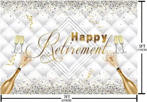 Miniatura 6 de SENDY Telón de fondo de feliz jubilación de 7 x 5 pies con purpurina de diamante dorado plateado para decoración de fiesta, felicitaciones