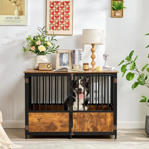Miniatura 9 de KOOPRO Mueble de jaula para perros de 32 pulgadas con cojín para perros grandes y medianos, perrera de madera resistente con puertas dobles, jaula