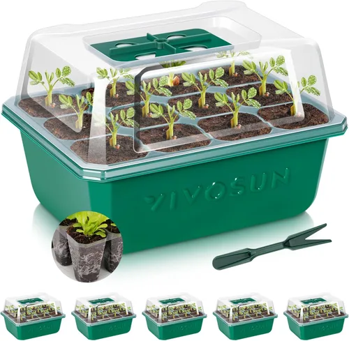 Miniatura 12 de VIVOSUN Paquete de 12 bandejas de inicio de semillas, kit de inicio de semillas de 144 celdas con cúpula de humedad, bandejas planas reutilizables