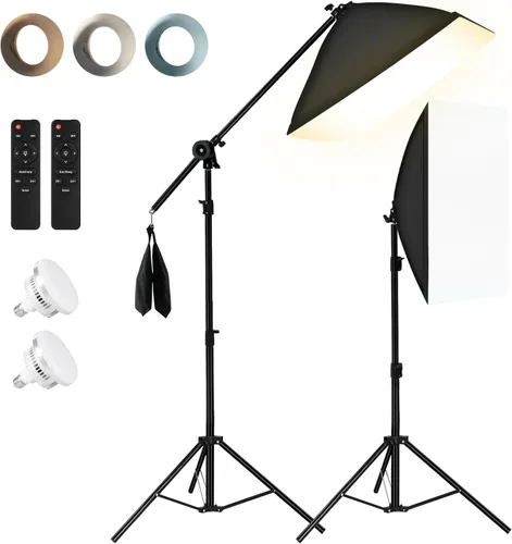 Miniatura 7 de NiceVeedi Softbox Kit de iluminación para fotografía, 20 x 28 pulgadas, 85 W, 3000 K-6000 K, bombilla LED E27, kit de iluminación con brazo de pluma
