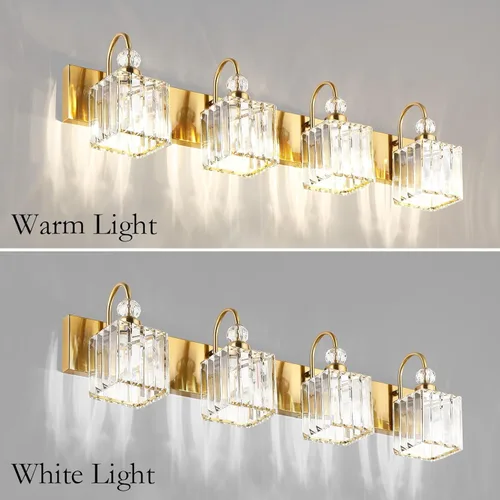 Miniatura 3 de Ralbay - Luces de tocador de baño de cristal doradas, 4 luces, para usar sobre el espejo, modernas lámparas de pared de baño de cristal dorado