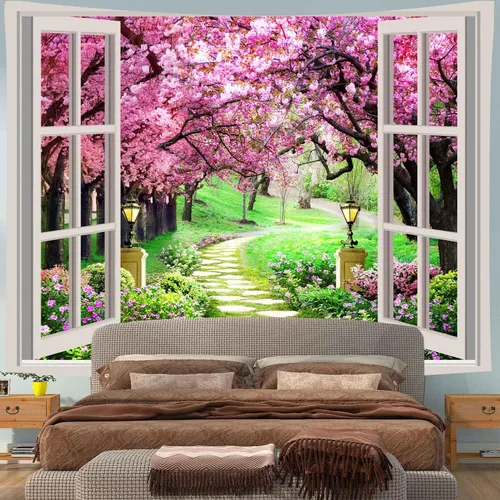 Miniatura 5 de Tapiz japonés de flores de cerezo para ventana, camino de bosque de árboles, flores rosas, botánico, floral, paisaje natural, estético para sala