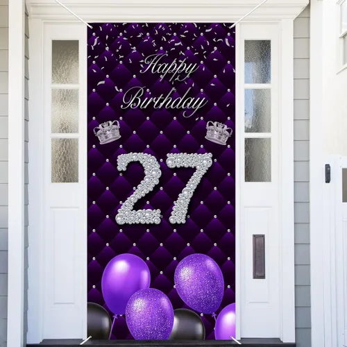 Miniatura 13 de Cartel morado de feliz primer cumpleaños telón de fondo para cabina de fotos, globos de corona plateada, decoración temática para niña, aniversario