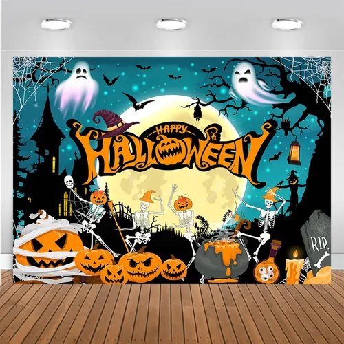 Miniatura 9 de Mocsick - Telón de fondo de Halloween para fotografía, noche naranja, luna, decoración de fiesta de Halloween, truco o trato, calavera, calabaza