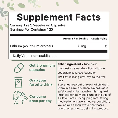 Miniatura 2 de Micro Ingredients Orotato de litio de 5 mg, 240 cápsulas vegetarianas 5 mg por porción Mineral de rastro de litio elemental Forma estable