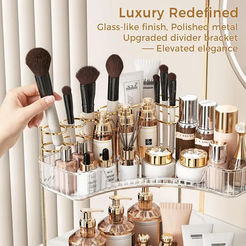 Miniatura 4 de BEFSOP Organizador de esquina para mostrador de baño, organizador de maquillaje mejorado de 2 niveles con soporte para brochas de maquillaje