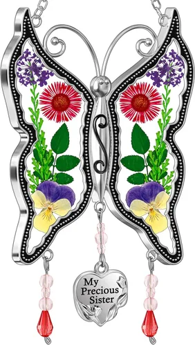Miniatura 14 de KY&BOSAM - Atrapasoles de mariposa para mamá, regalos de cristal para ventanas, carillón de viento con alas de flores prensadas auténticas con dije