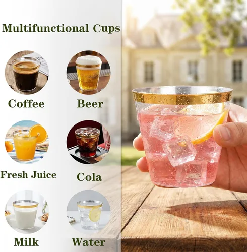 Miniatura 8 de I00000 Paquete de 200 vasos de plástico dorados, elegantes vasos de plástico transparente de 9 onzas, copas de vino desechables con borde dorado
