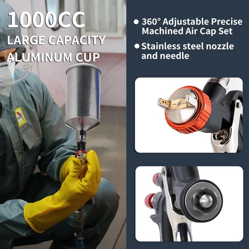 Miniatura 3 de AEROPRO Tools R500 LVLP Kit de pistola de pulverización de aire doble con taza de aluminio de 1000 cc, pistolas de pintura A610 automotriz, pistola