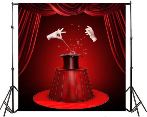 Miniatura 4 de Yeele Fondo de espectáculo mágico de 10 x 10 pies para fotografía, cortina roja de circo, guantes blancos, sombrero negro, fondo de teatro, mago