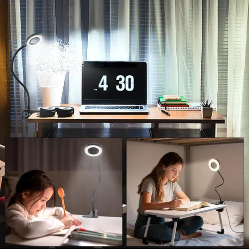 Miniatura 7 de Woputne Lámpara de escritorio con clip para lectura en casa, oficina, 10 brillo regulable, 3 modos, luz de abrazadera para cabecera de cama Negro