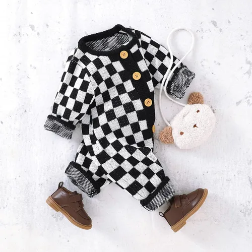 Miniatura 2 de SAYOO Mameluco de punto unisex para bebé, niña, niño, overol de punto a cuadros, de una pieza, suéter con botones