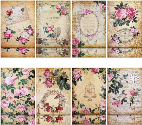 16 hojas de papel de decoupage francés para jardín, floral, vintage, diseño de flores, suministros decorativos de decoupage, impresión de rosas,