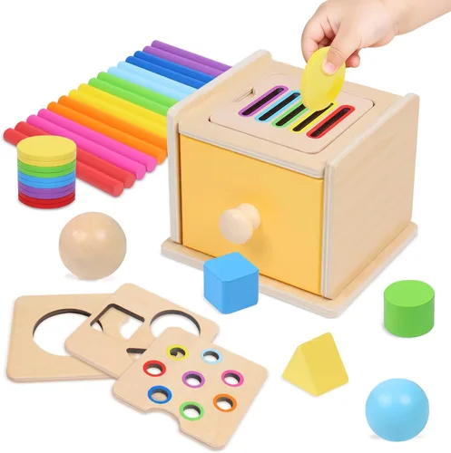 YHHYTOY Juguetes Montessori para niños de más de 1 año, Caja de Monedas de 4 en 1 para la Permanencia de Objetos, Caja de Clasificación de Colores