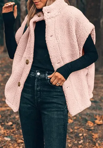 Miniatura 18 de Hongqizo - Chaleco de forro polar mullido para mujer, casual, de gran tamaño, cálido, con botones, chaqueta de sherpa con bolsillos