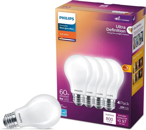 PHILIPS Bombillas LED de 60 W A19, 4 unidades, ultra definición, blanco suave (2200 K), 800 lúmenes (8 W = 60 W), regulables, sin parpadeo, bombillas
