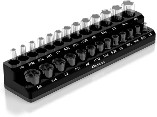 Miniatura 19 de Olsa Tools Portadados magnético, para dados métricos con cuadros de mando de 1/2 pulgada, color rojo, caben 19 dados, organizador de herramientas