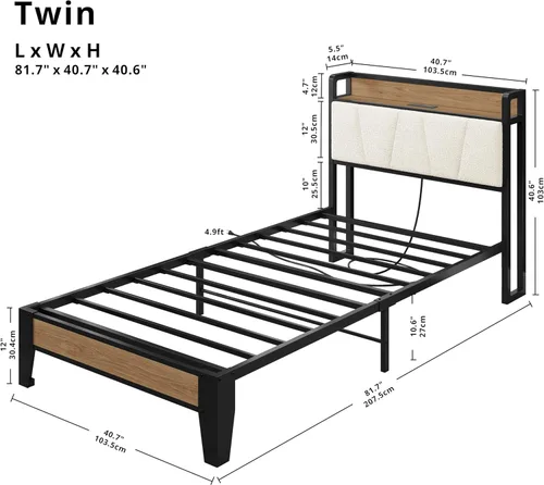 Miniatura 2 de LIKIMIO Base de cama individual, cabecera de almacenamiento con estación de carga, sólida y estable, sin ruido, no necesita somier, fácil montaje