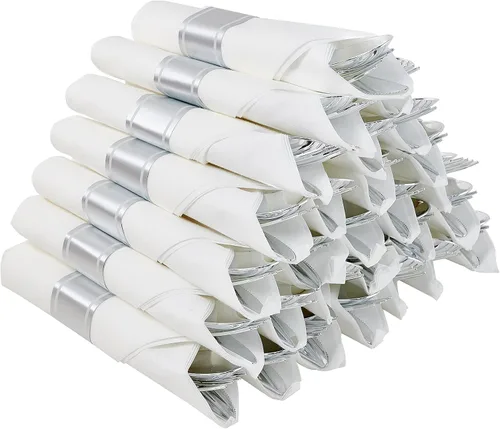 Paquete de 30 cubiertos de plástico plateado preenrollados, juego de cubiertos desechables, 30 tenedores, 30 cucharas, 30 cuchillos, 30 servilletas,