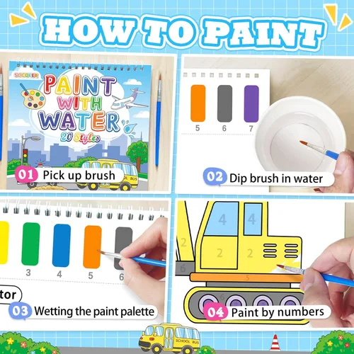 Miniatura 3 de Libros de pintar con agua SOCOLER para niños pequeños, papeles de pintura de acuarela sin desorden con tema de tráfico para niños, kit de pintura