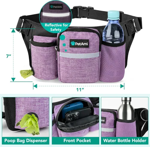 Miniatura 3 de PetAmi Correa de perro con manos libres de alta calidad para 2 perros, correa de cinturón ajustable para pasear perros, riñonera con bolsa de Púrpura