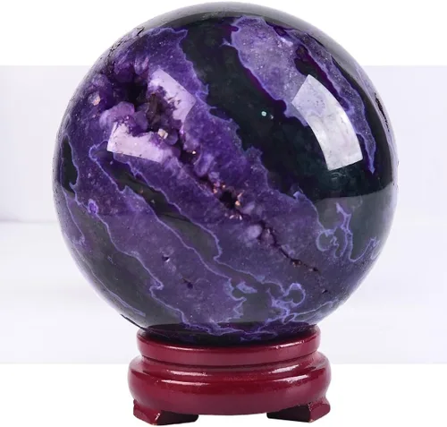 Miniatura 31 de JIC Gem Esfera grande de cristal Chevron de amatista con cristales curativos de curación con soporte de madera para meditación y decoración