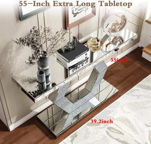 Miniatura 5 de Mesa consola con espejo de 55 pulgadas, mesa larga para sofá de sala de estar, oficina, detalles de cristal de diseño hexagonal, moderno escritorio