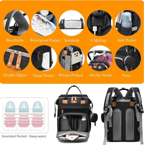 Miniatura 6 de Mochila para pañales – Bolsa de bebé grande impermeable con puerto de carga USB, cambiador y correas para cochecito – Organizador de viaje elegante