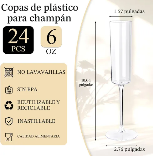 Miniatura 2 de Ciaell Paquete de 24 copas de champán de plástico – Copas de champán desechables transparentes de 6 onzas – Vasos cuadrados de plástico