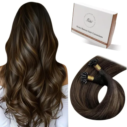 Miniatura 59 de Hetto Extensiones de cabello humano con nano cuentas, balayage, extensiones de cabello humano, color negro degradado a plateado, extensiones