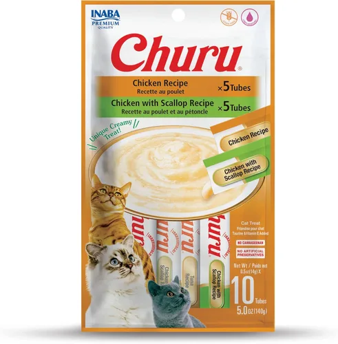 Bocadillos Churu de INABA para gatos, puré cremoso para gatos, sin cereales, que se puede lamer y exprimir/suplemento con vitamina E y taurina, 10