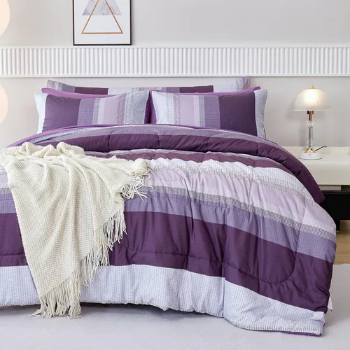 Miniatura 14 de RYNGHIPY Juego de edredón de tamaño matrimonial, color beige y gris, a rayas, para hombres y niños, juego de ropa de cama suave para todas