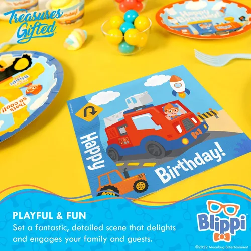 Miniatura 4 de Treasures Gifted Suministros para fiesta de cumpleaños con licencia oficial de Blippi, paquete de 16 servilletas Blippi, suministros para fiesta