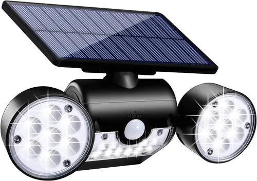 Luces solares para exteriores, con sensor de movimiento, luces solares de pared con focos de doble cabeza, 30 LED, impermeables, 360°, luces de
