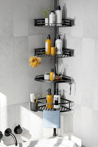 Miniatura 8 de HAMITOR Organizador de Ducha de Esquina con Poste de Tensión: Instalación Rápida de 4 Niveles Resistente al Óxido, Estantes Organizadores de Baño