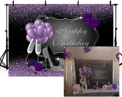 MEHOFOND Accesorios de fondo de fotos morados y plateados, tacones altos plateados, globos de champán, rosa morada, mujer, decoración de fiesta de
