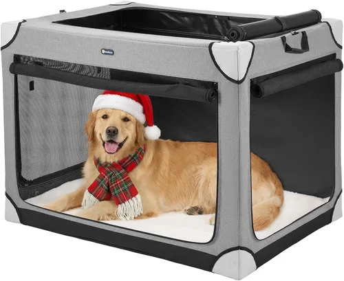 Miniatura 9 de Veehoo Jaula grande para perros para interiores y exteriores, portátil, plegable, para perros, 42 pulgadas, suave, plegable, con ventanas de malla