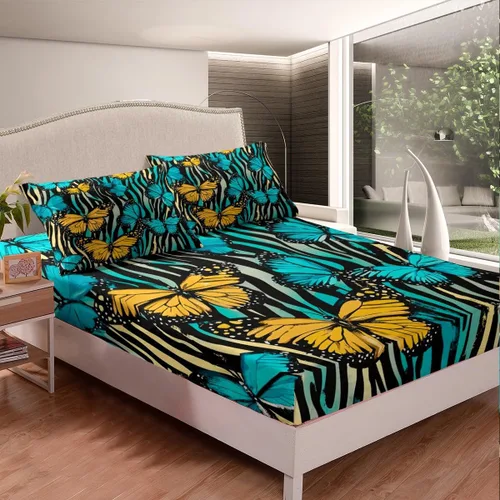 Miniatura 2 de Erosebridal Sábana bajera ajustable de mariposa azul, tamaño individual, sábanas estéticas de mariposas voladoras para niños, juegos de ropa de cama