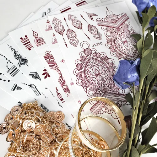 Miniatura 5 de 10 hojas de calcomanías temporales de henna de henna 5P negro + 5P marrón, calcomanías de tatuaje para mujeres, calcomanías de arte corporal para 5