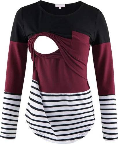 Miniatura 12 de Bhome Camiseta de lactancia con bloque de color de manga corta para lactancia materna camisa de embarazo con bolsillo