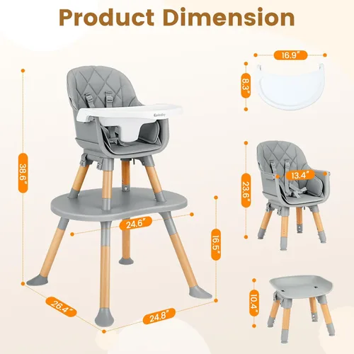 Miniatura 6 de Ezebaby Silla Alta para Bebé, Silla Alta Convertible 8 en 1 a Asiento Elevador/Silla para Niño/Juego de Silla y Mesa, Silla Alta de Madera con Gris