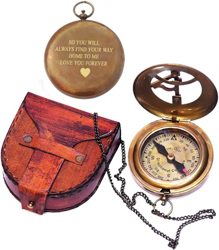 Miniatura 2 de Brújula de reloj de sol grabado Love You Forever con funda de cuero, regalo inspirador para viajeros, aventureros, novios, bautizos, bodas o él