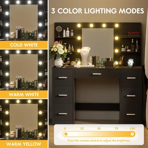 Miniatura 3 de VICTONE Escritorio de tocador con espejo iluminado LED y toma de corriente, 3 modelos de luces, mesa de tocador de maquillaje con 7 cajones y 6