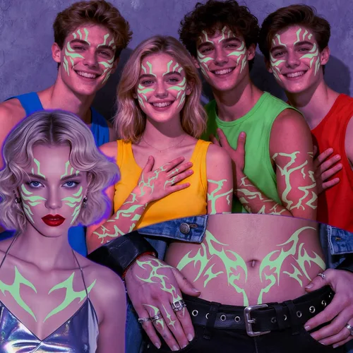 Miniatura 8 de 12 tatuajes temporales morados que brillan en la oscuridad, tatuajes falsos de baile para cosplay, Halloween, festival de música, maquillaje