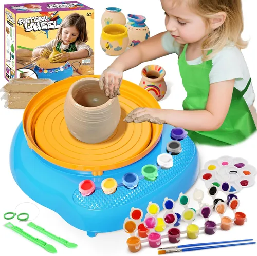 Vinkp Rueda de cerámica para niños, kit completo de pintura de cerámica, artes y manualidades para niños de 8 a 12 años con arcilla seca al aire,